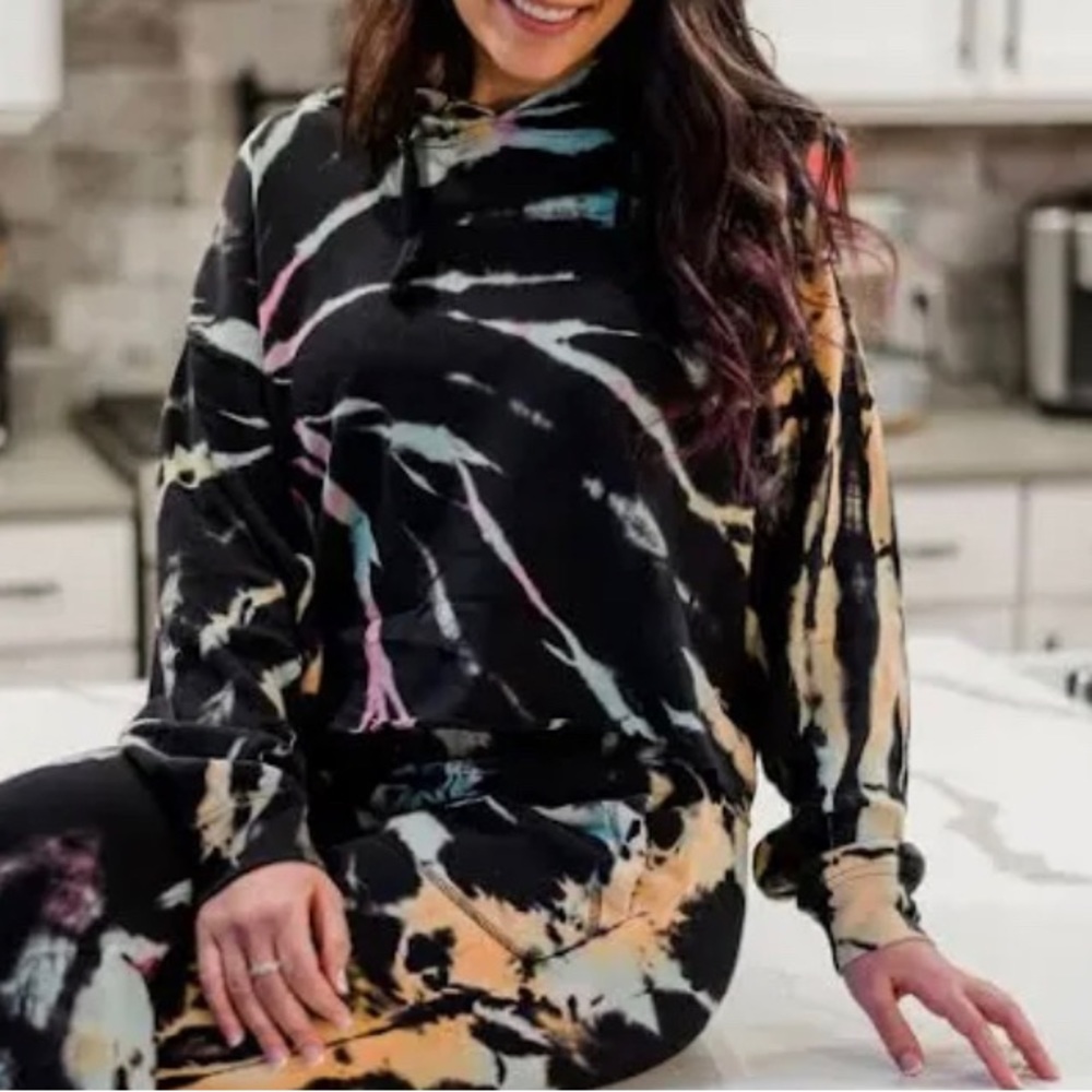 Vintage Havana Hoodie, Black with color, Tie Dye Cropped Womens Pullover, Large